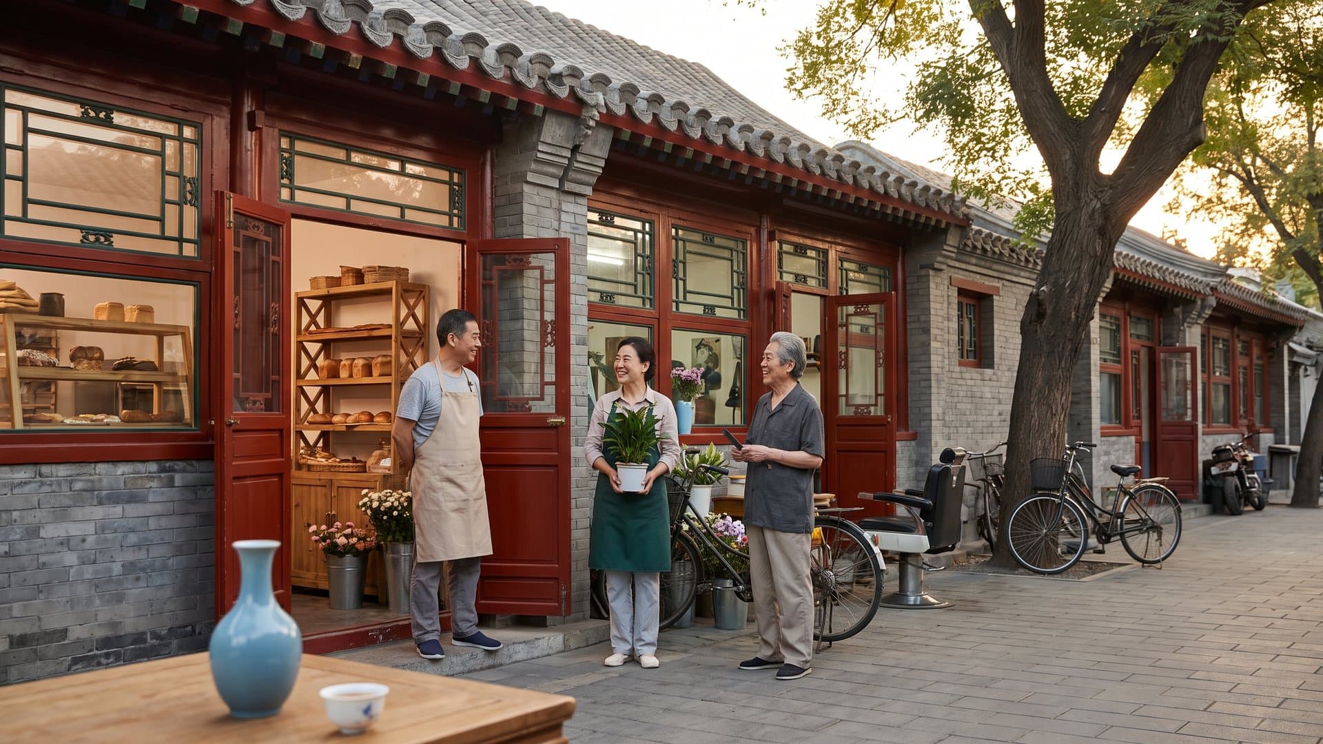 北京胡同里黄昏时分的一排小店，面包师、花店老板和理发师在门口聊天